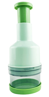 Drive food chopper with green and white accents and a clear base, seen from the front.