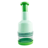 Drive food chopper with green and white accents and a clear base, seen from the front.