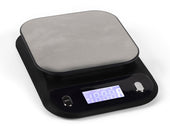 Digital talking kitchen scales with stainless steel platform and backlit LCD display, front view.