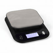 Digital talking kitchen scales with stainless steel platform and backlit LCD display, front view.