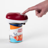 Drive Automatic Can Opener opening a can of chopped tomatoes, suitable for reduced hand mobility, front view.