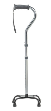 Drive folding quad cane with height adjustment, black handle, wrist strap and four rubber feet, front view.