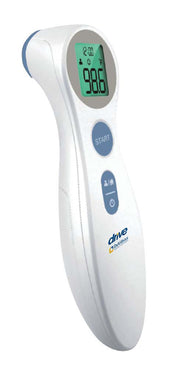 Drive forehead thermometer with green display reading 98.6°F and several buttons on the handle, front view.