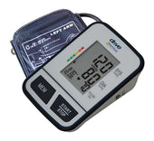 Drive blood pressure monitor with upper arm cuff and large LCD display showing blood pressure and pulse, front view.
