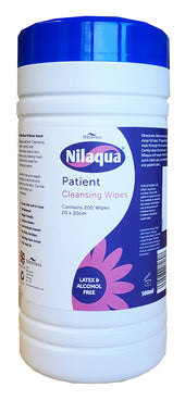 Nilaqua Patient Cleansing Wipes pack, 200 wipes, 20x20cm, blue lid, latex and alcohol free, front view.
