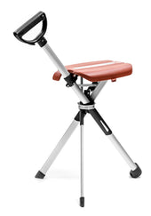Red tripod chair with three metal legs and a black handle, shown from the side.