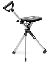 Black Medequip Ta-Da Chair II, three-legged folding tripod with handle, shown upright for easy carrying and walking support, side view.