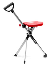 Red folding tripod chair with three silver legs and a black carry handle, product front angle.