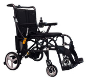 Black lightweight folding powerchair with armrests, joystick control, footrests and large rear wheels, side view.