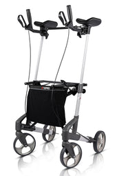 Topro Troja Walker2 four-wheeled walker with padded forearm rests, hand brakes and black mesh storage bag, side view.
