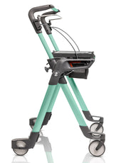 Topro Hestia Indoor Rollator in turquoise with 4 wheels, retractable handles, brake handle and small basket, side view.