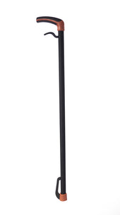 Lightweight black walking stick with copper handle and base, small grabber below the handle, side view.