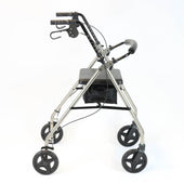 NRS A-Series Tall Rollator with four wheels, hand brakes, padded seat, and black storage pouch on white background, front view.