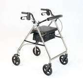 NRS A-Series Tall Rollator with four wheels, hand brakes, seat, and storage pouch on a white background, front angle.