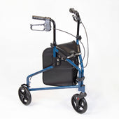 NRS Three Wheel Steel Rollator with adjustable handles, black storage bag and hand brakes, front view.