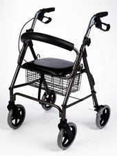 Aluminium rollator with four wheels, seat, handlebars, hand brakes and puncture-proof tyres, side view.