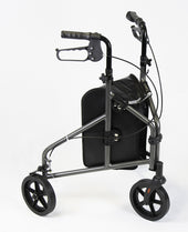 Orange NRS three wheel aluminium rollator with hand brakes, foldable frame, front view.