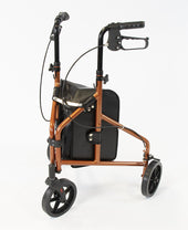 Orange three wheel aluminium rollator with hand brakes and black seat, foldable design, front angle view.
