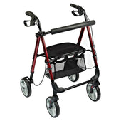 NRS four wheel lightweight rollator with hand brakes, padded seat, adjustable height and mesh basket, front angle view.