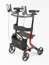 Red and black four-wheel rollator with forearm rests, hand brakes, seat, and mesh bag, front view.