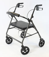 Black NRS Heavy Duty Rollator with large wheels, hand brakes, padded seat and backrest on white background, front view.