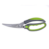 Kitchen shears with curved stainless steel blades and black and green ergonomic handles, front view on white background.