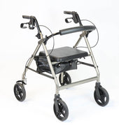 NRS A-Series Petite Rollator with hand brakes, padded seat, and storage pouch under the seat, side view.