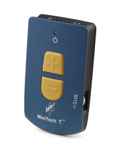 Echo MiniTechT Personal Listener in blue, yellow volume and power buttons, side port visible, angled view.