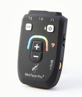 Black Echo MiniTech Pro personal listener with buttons, LEDs and volume controls, front view.