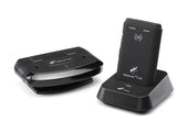 Two black wireless TV listeners, one on its charging dock and one flat beside it, front view.