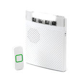 White wireless doorbell with green-edged bell push and adjustable chime button, front view.
