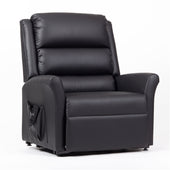 Black Drive Alaska extra large dual motor riser recliner with padded backrest, armrests and remote in side pocket, front angle view.