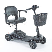Black 4-wheel Motion Healthcare Airscape mobility scooter with padded seat, armrests, basket and lithium battery, side view.