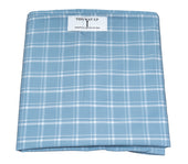 Blue plaid 4-way draw sheet with THIS WAY UP label, used for patient turning, top view.