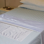 Light blue satin bed sheets and a white pillow, shown together on a bed, front view.