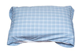 Blue satin pillowcase with white plaid design and rumpled edges, close-up view.