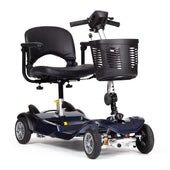 Blue Drive AstroLite scooter with four wheels, front basket, and padded seat with armrests on white background, front angle.