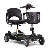 Blue mobility scooter with cushioned seat, armrests, handlebars and front basket, lightweight design, side view.