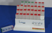 Easy Link Monthly Pill Organiser with numbered daily sections marked Morning, Noon, Evening and Night, angled front view.