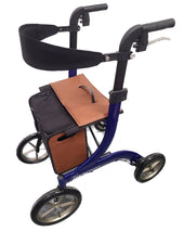 Metallic deep blue rollator with four wheels, adjustable handles, leather seat and brown bag, side view.