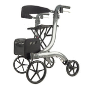 Rollator with 4 wheels, black seat, storage bag underneath, and adjustable handlebars, front angle view.