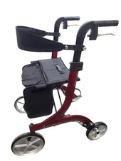 Metallic dark red rollator with four wheels, adjustable handles, seat, and pouch, side view.