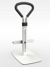 Trust Care Lets Get Up Bed Rail in white and silver with a black handle, for support when standing, side view.