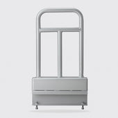 Silver bed grab rail with rectangular base and wheels, shown fitted for transfer support, side view.
