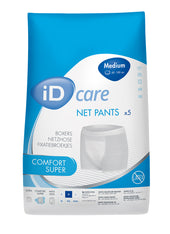 Ontex iD Fix Comfort Super Net Pants medium pack, for urinary incontinence, blue and white text on packaging, front view.