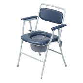 Lightweight folding commode chair with padded seat, backrest, armrests and removable potty, front angle.