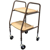 Brown trolley with beige trays and four black wheels, designed for carrying items, side view.