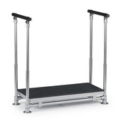 Black step with handrails and slip-resistant surface, designed for stability, front angle view.