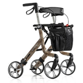 Rehasense Art Line Rollator with leopard print, four wheels, black seat, storage bag and hand brakes, side view.