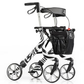 Rehasense Art Line Rollator Zebra with four wheels, black seat, storage pouch and hand brakes on a white background, front angle.